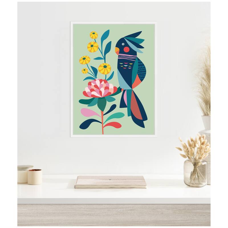 Kate and Laurel Sylvie Floral Cockatoo Framed Canvas by Rachel Lee