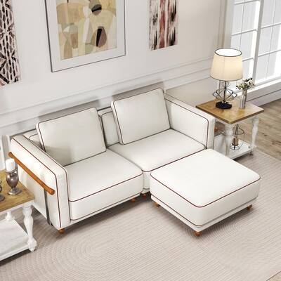 Deep Seat Chenille Chaise Sectional Sofa with Down-Filled, Removable Sofa Cover, Solid Wood Armrests and Stainless Steel Frame