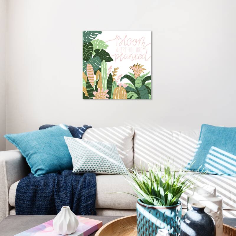 Wynwood Studio Canvas Floral and Botanical Bloom Where you are planted Green and Pastel Pink Tropical Wall Art Canvas Print - 20 x 20