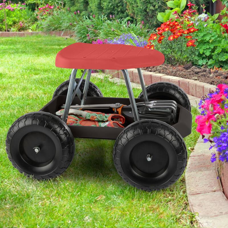 Gardening Stool - Rolling Garden Seat with Wheels and Storage Tool Tray by Pure Garden - Black and Red