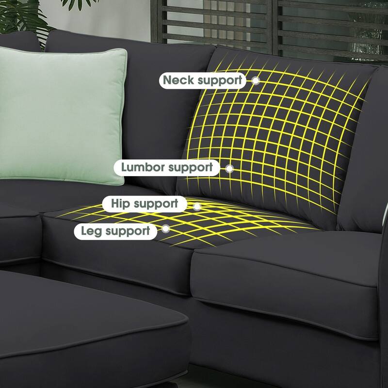 L Shape Fabric Sectional Sofa, 7 Seats Modular Sectional Sofa with Ottoman, 3 Pillows