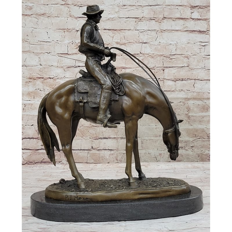 Western Cowboy On Horseback W/ Shotgun Bronze Sculpture Statue 16 Inches X 14 Inches