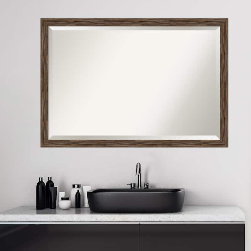 Beveled Wood Bathroom Wall Mirror - Regis Barnwood Mocha Narrow Frame - Regis Barnwood Mocha Narrow