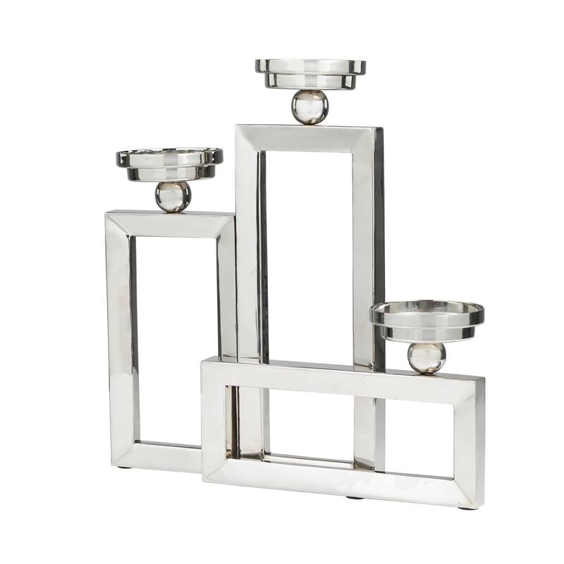 Silver Stainless Steel Metal Open Frame Geometric Candelabra with Overlapping Rectangles