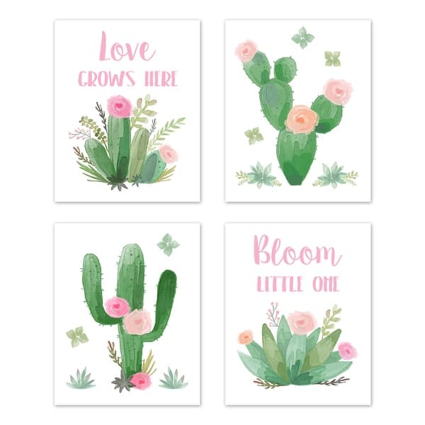 slide 2 of 6, Sweet Jojo Designs Pink and Green Watercolor Cactus Floral Collection Wall Decor Art Prints (Set of 4) - Love Grows Here
