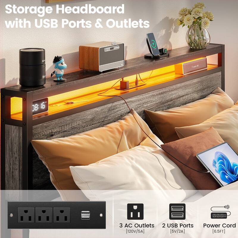 Platform Bed with Hiden Drawers, Bed Frame with Headboard and Charging Station