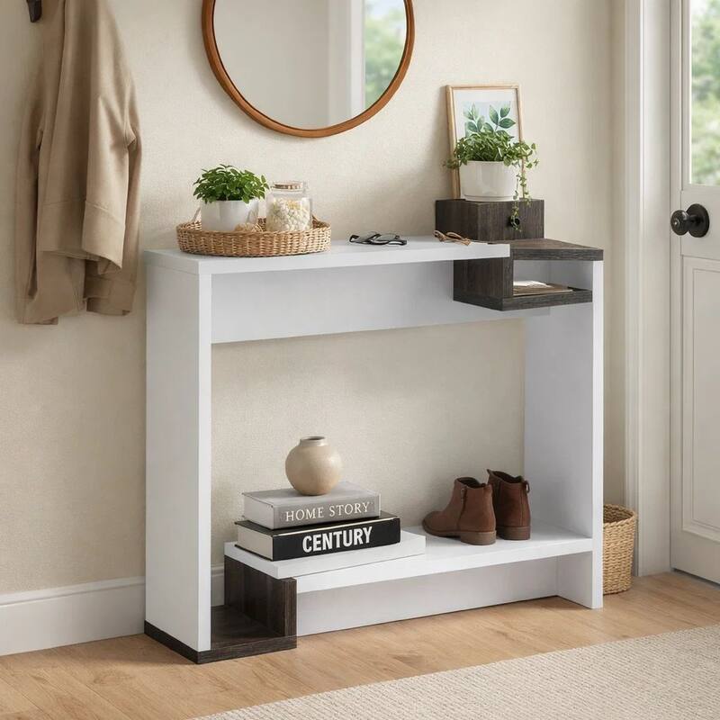 36 Inch Modern Console Table, Multilevel Wood Shelves, Gray and White