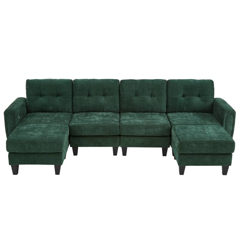 Roomfitters 115 Inch U-Shaped Sectional Sofa with 2 Ottomans and Foldable Side Tables, Chenille