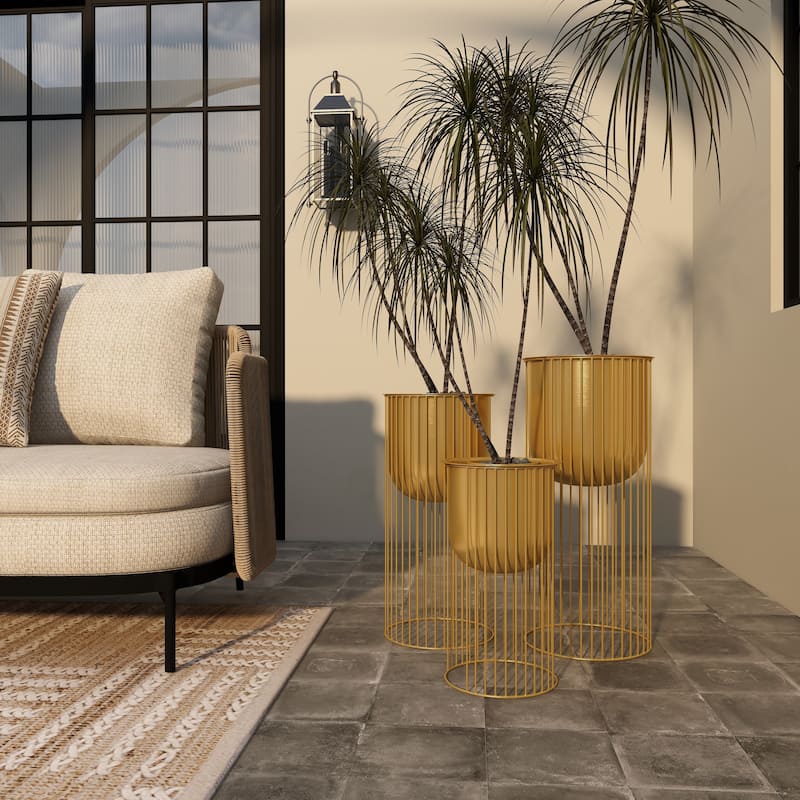 Gold Metal Deep Recessed Dome Indoor Outdoor Planter with Elevated Caged Stand (Set of 3)