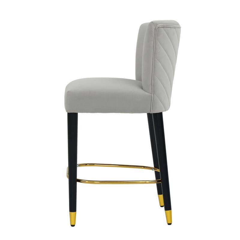 27-Inch Counterstool with Light-Colored Fabric and Gold-Tipped Circular Footrest