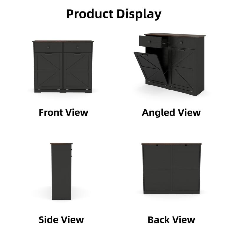 Tilt Out Trash Cabinet, Freestanding Wooden Trash Recycling Cabinet, Hidden Dual Laundry Cabinets with 2 Drawers & 2 Baskets