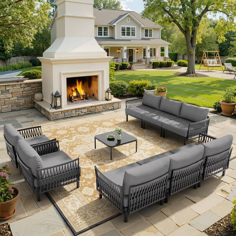Outdoor Patio Aluminum PE Rattan Free Combination Sectional Sofa Conversation Seating Set - 8Seats - DarkGrey