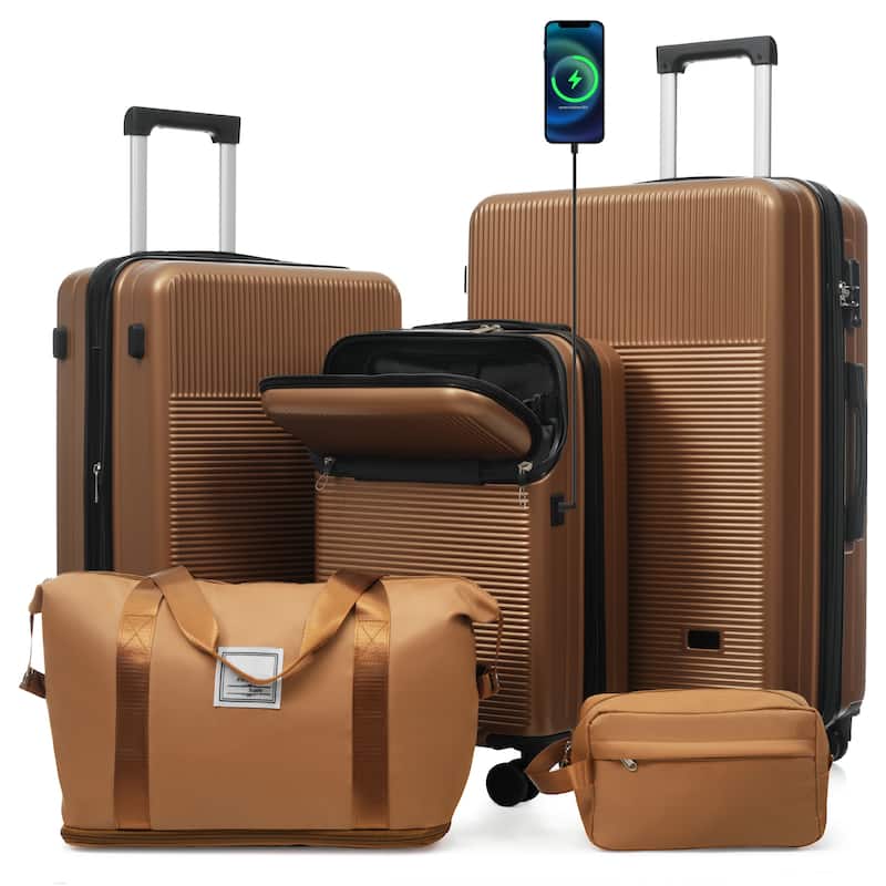Luggage Sets 5 Piece with Half-opening, Hardside Carry On Suitcase Set with Double Spinner Wheel, with USB Port,TSA Locks - Brown