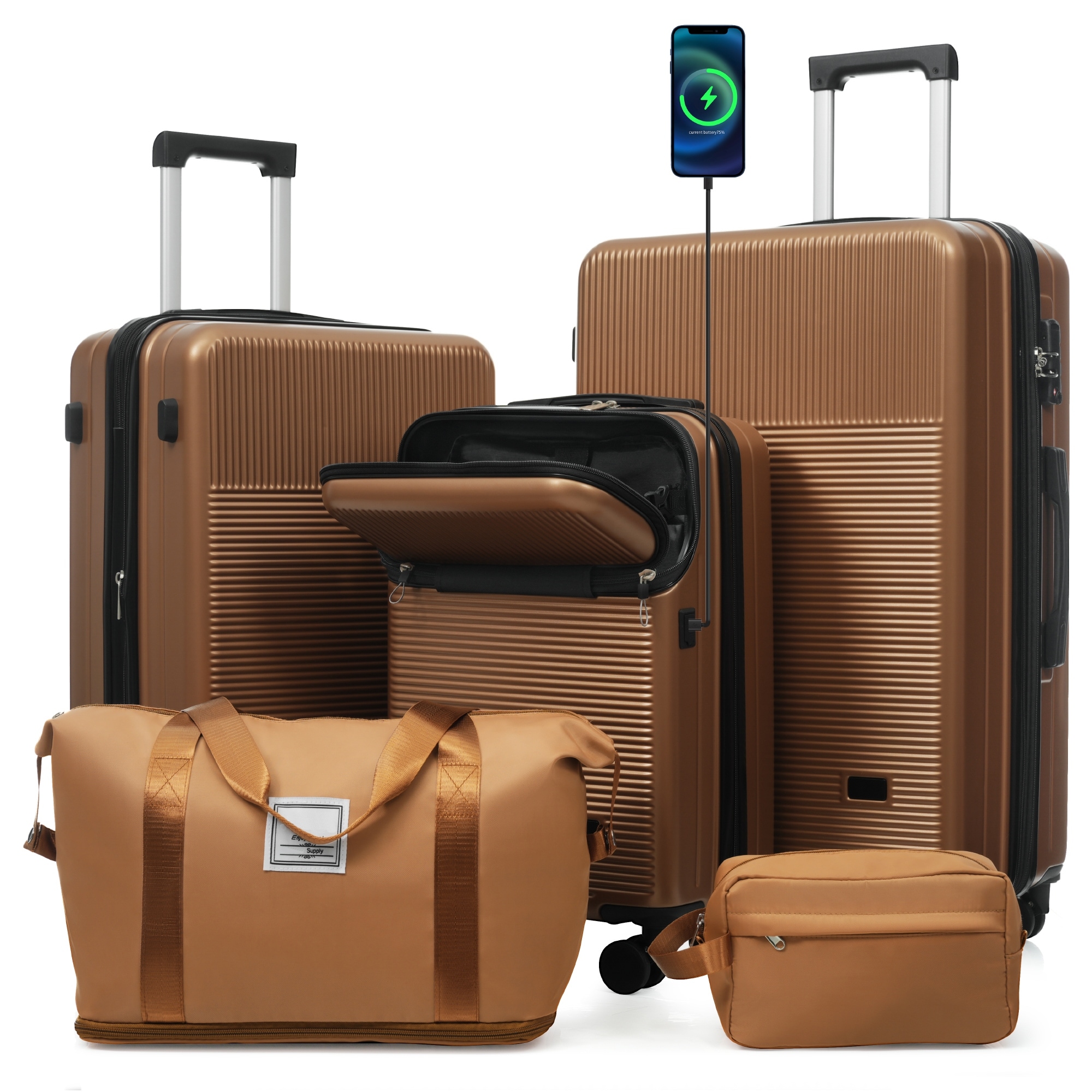 Luggage Sets 5 Piece with Half-opening, Hardside Carry On Suitcase Set with Double Spinner Wheel, with USB Port,TSA Locks