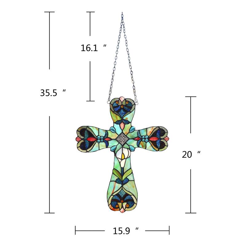20" x 16" Victorian Design Cross Stained Glass Panel/ Suncatcher