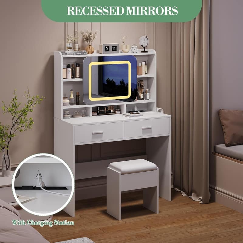 Vanity Desk with LED Mirror and Stool, Drawers, Storage Shelves, Charging Station