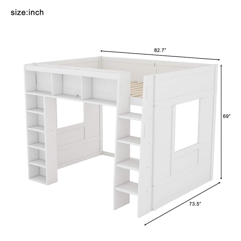 Queen Size Wooden Loft Bed with Storage Cabinets and Shelves, Multifunctional Country Style Design