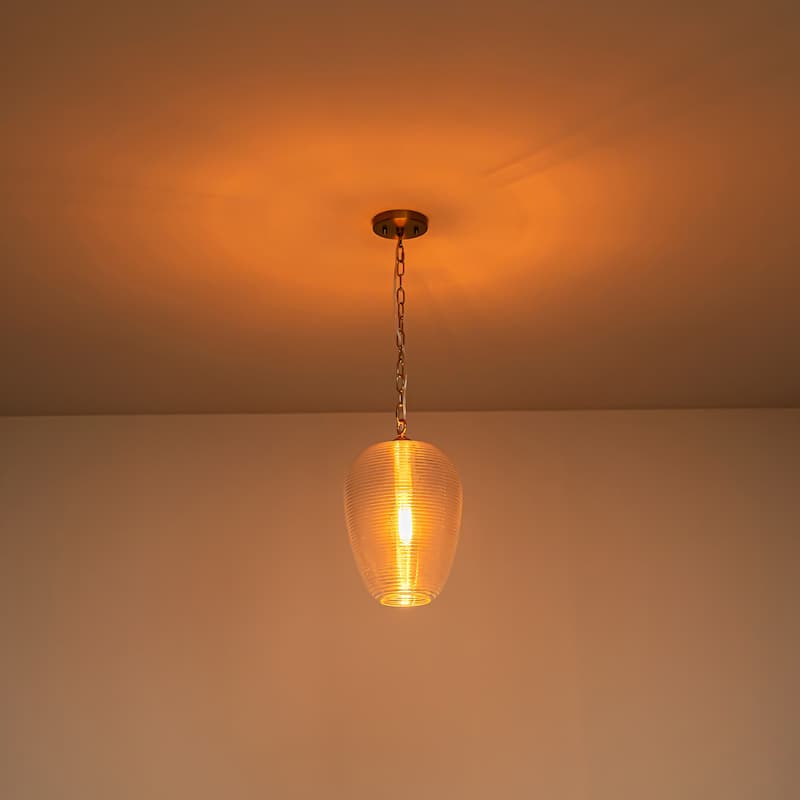 1-Light Modern Brushed Gold/Black Ribbed Clear Glass Dome Pendant Light with Adjustable Hanging Chain