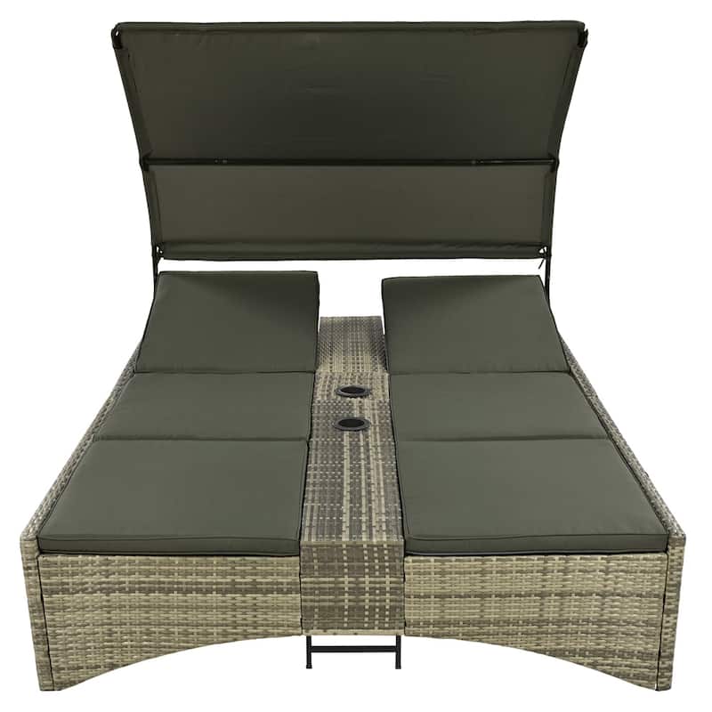 Outdoor Rattan Sun Daybed with Shelter Roof with Adjustable Backrest