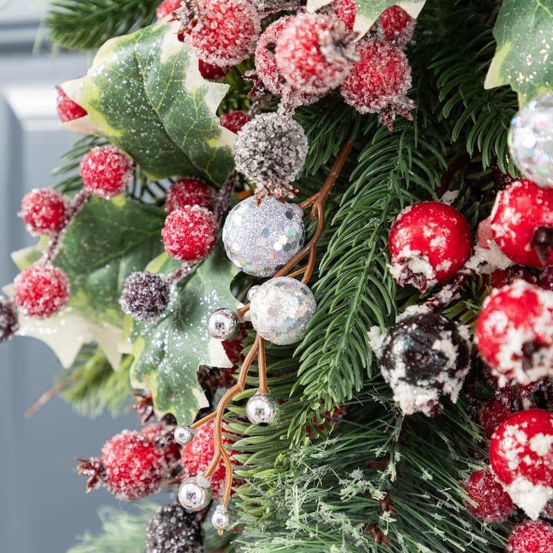 Glitzhome Christmas Berry Bow Pinecone Bell Holy Leaf Teardrop Swag Xmas Wreath