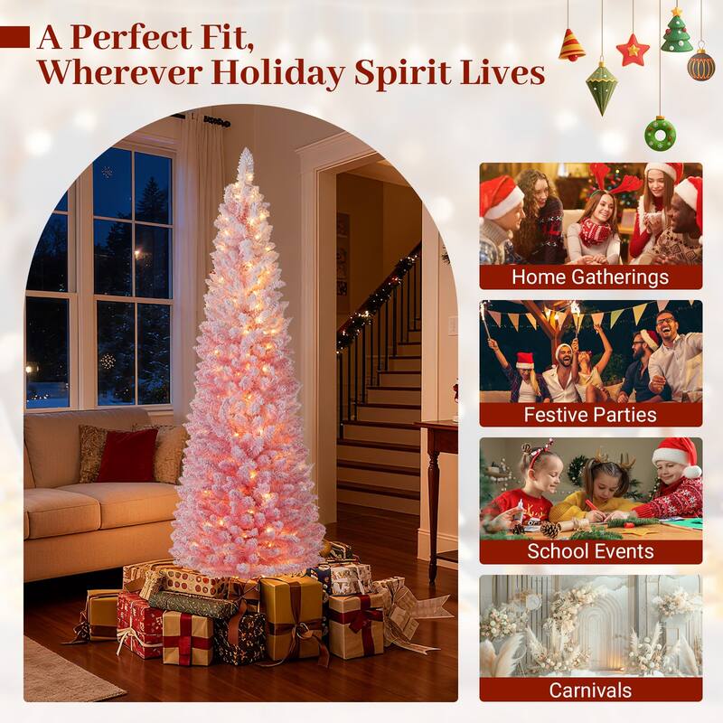 Costway 6/7 FT Snow-flocked Artificial Pink Christmas Tree with 140 - See Details