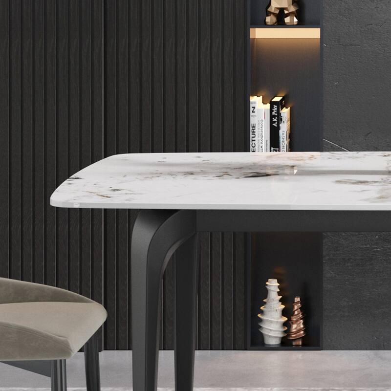 70.87"Modern artificial stone Pandora white curved black metal leg dining table-can accommodate 6-8 people