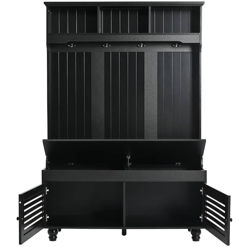 Roomfitters Hall Tree with Shutter Doors, Entryway Bench with Cushion, Hooks and Storage Organizer