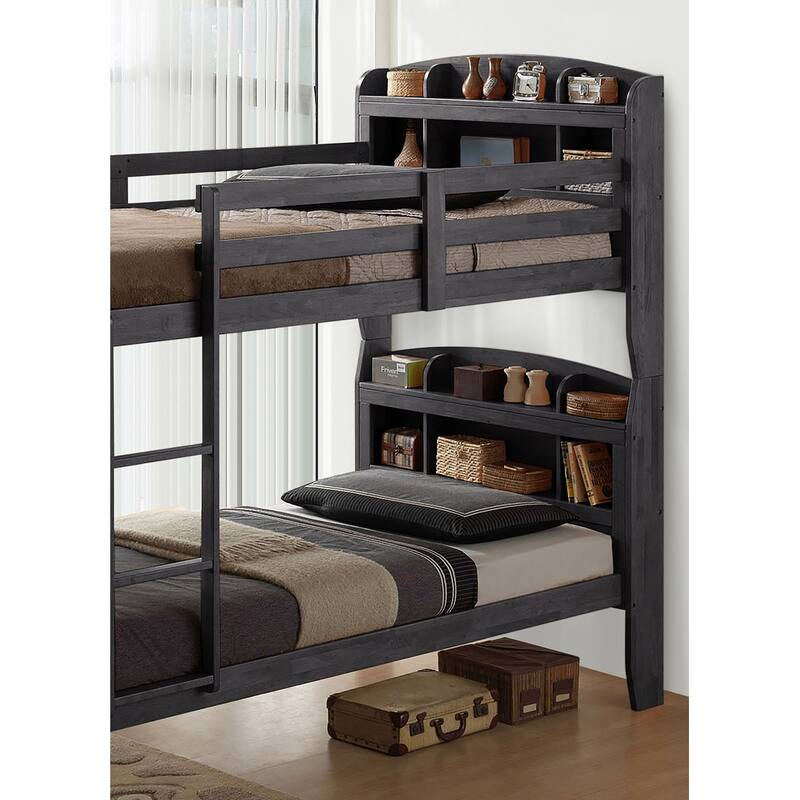Convertible Twin Over Twin Bunk Bed with Ladder & Bookcase Headboard, Grey Finish