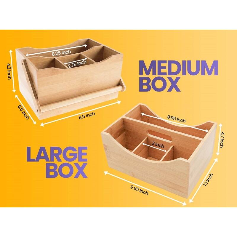 YBM HOME 4 Compartment Bamboo Cutlery and Napkin Caddy with Handle - Brown