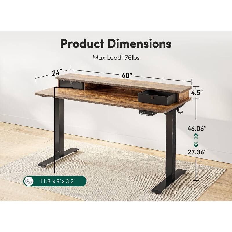 FEZIBO Height Adjustable Electric Standing Desk with Double Drawer, Stand Up Desk with Storage Shelf, Sit Stand Desk