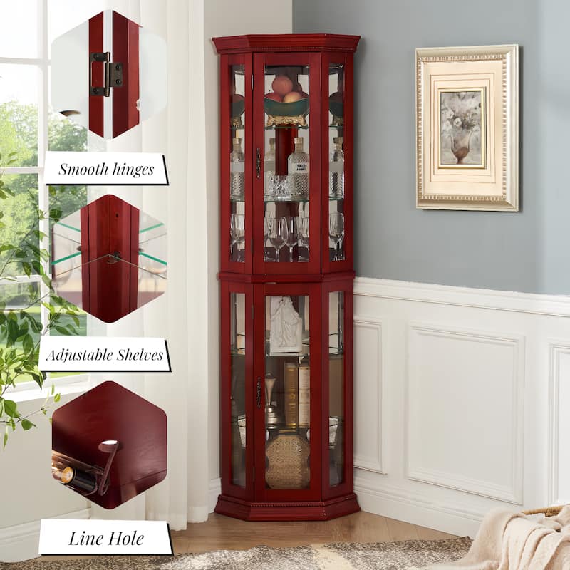 Lighted Corner Curio Cabinet, Curved Wooden Display Cabinet, Bar Cabinet with Adjustable Shelves & Tempered Glass Doors
