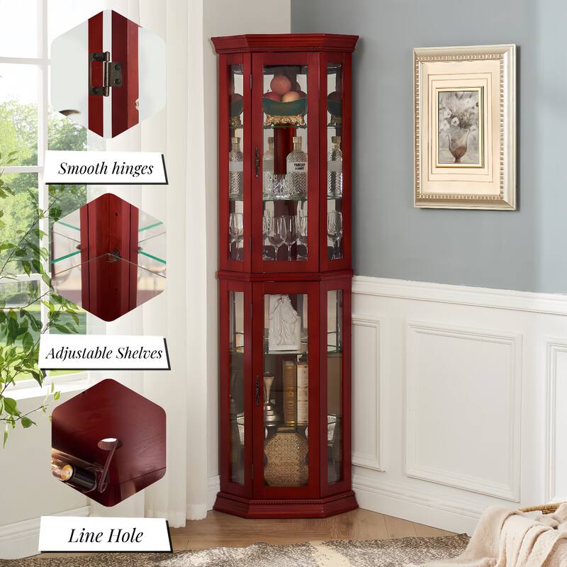 Sophisticated Cherry or Oak Corner Curio Sideboard Buffet Cabinet with Glass Display Shelves, Lighting System, Metal Handles