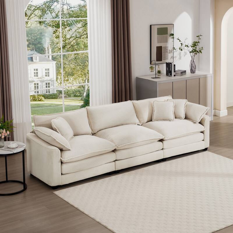 GDFStudio-Shanks Corduroy Three-Seater Sofa with Arm and Throw Pillows