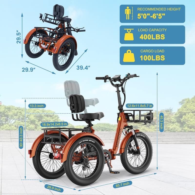 Folding Electric Tricycle for Adults, w/ Basket and Removable Battery