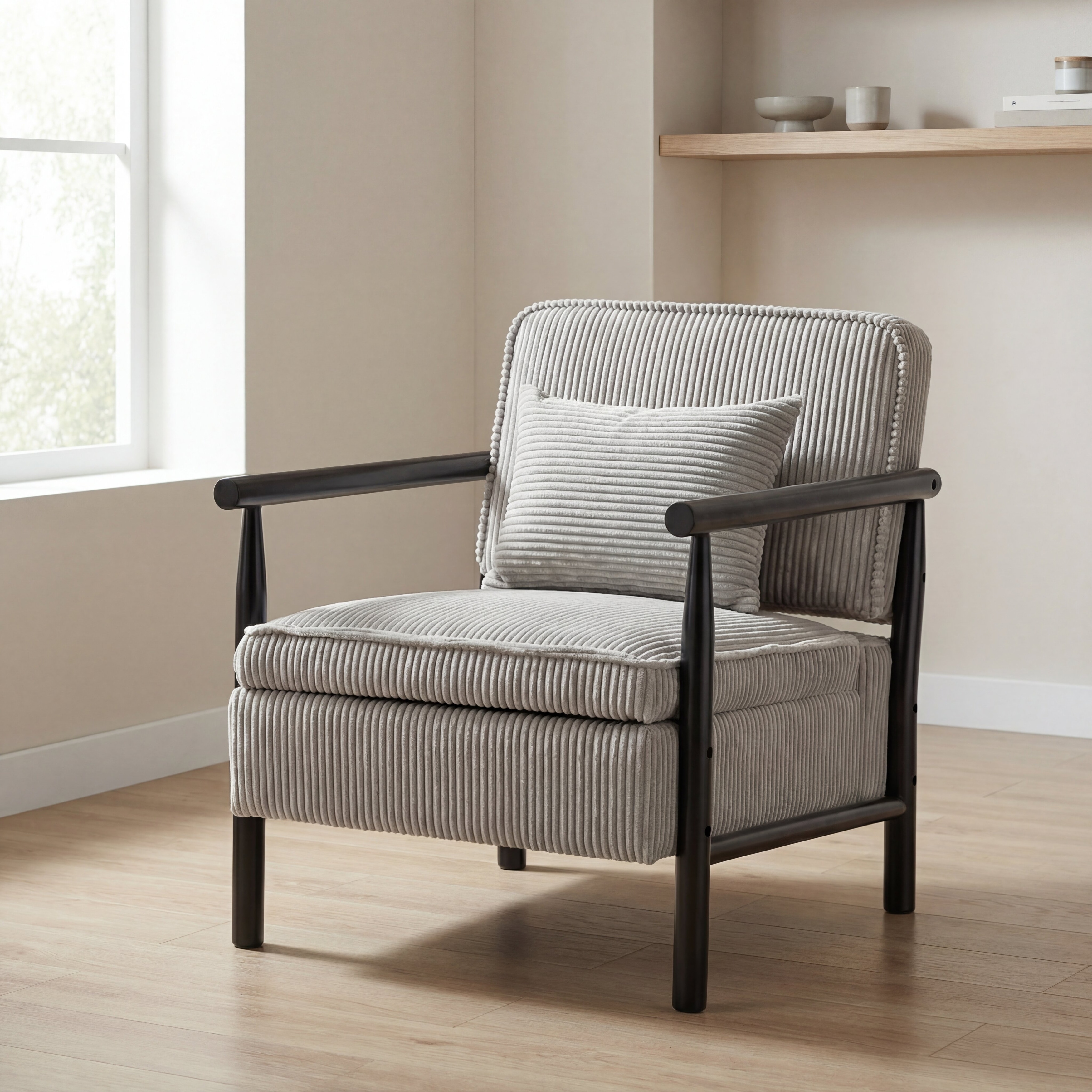 Rustic Storage Chair Accent Chair with Wood Frame, Upholstered Reading Chair Antique Grey Armchair Reception Chair
