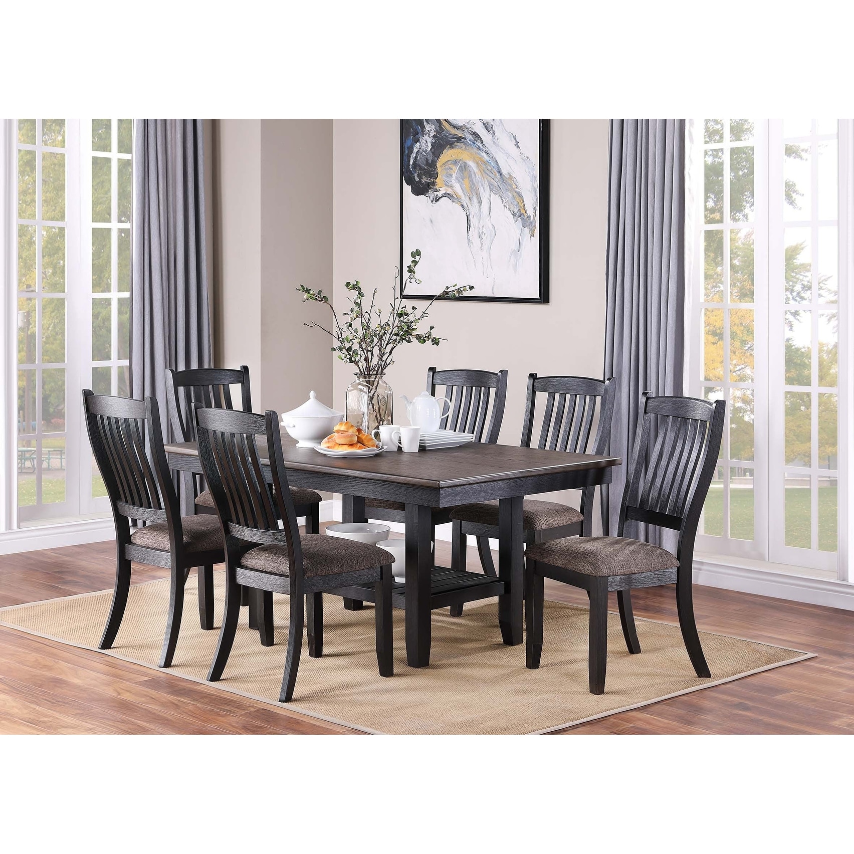 7pc Dining Table Set Under Table Shelf Black Finish