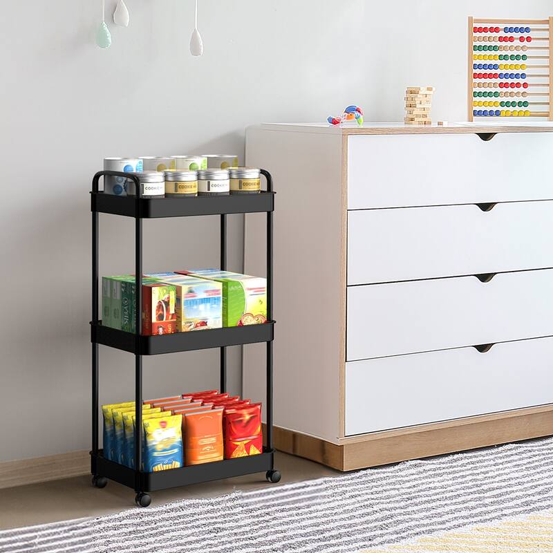 Storage Cart, Shelf Organizer Mobile Shelving, Multifunction Movable Storage Organizer - 3-Tier Black