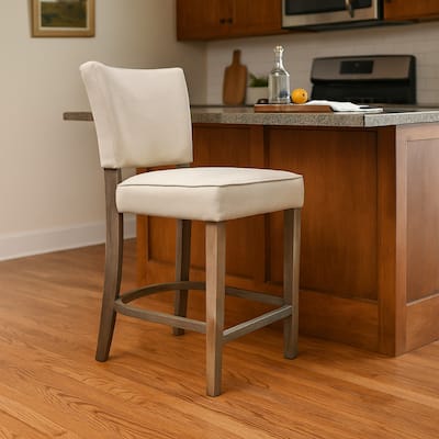 Rea Counter Stool Chair, Beige Fabric, Classic Graywash Solid Wood