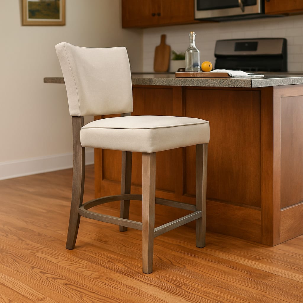 Rea Counter Stool Chair, Beige Fabric, Classic Graywash Solid Wood