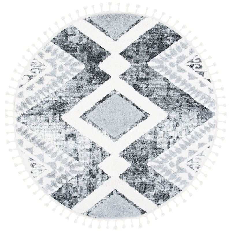 SAFAVIEH Moroccan Tassel Shag Irva 2-inch Thick Rug - 6'7" Round - Grey/Ivory