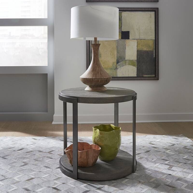 Modern View Gauntlet Grey Round End Table - Wood and Metal
