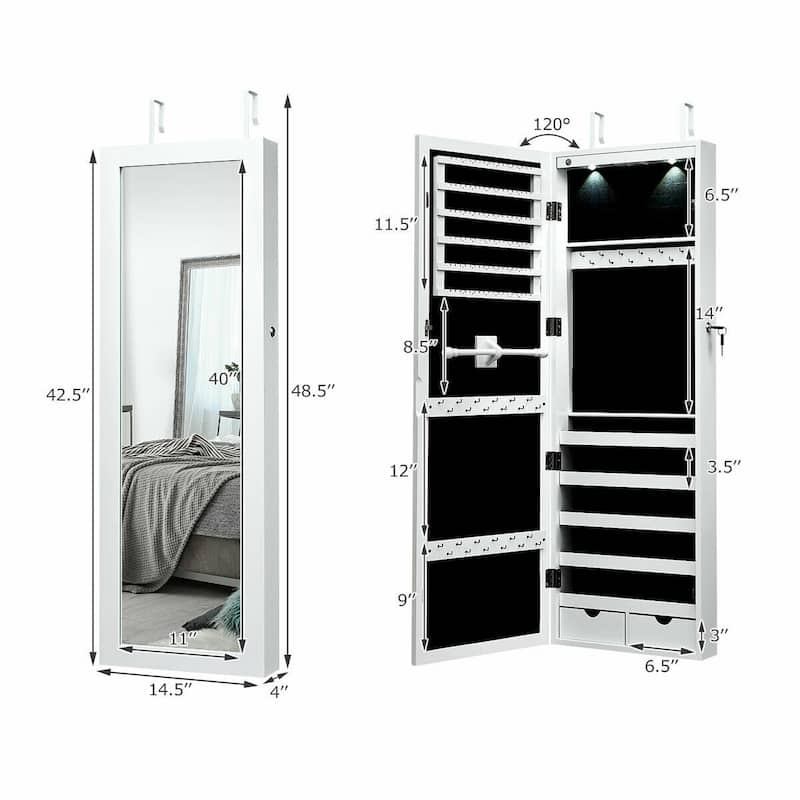 Lockable Wall Mount Mirrored Jewelry Cabinet with LED Lights - White - 14.6" x 3.8" x 43.3" (L x W x H)