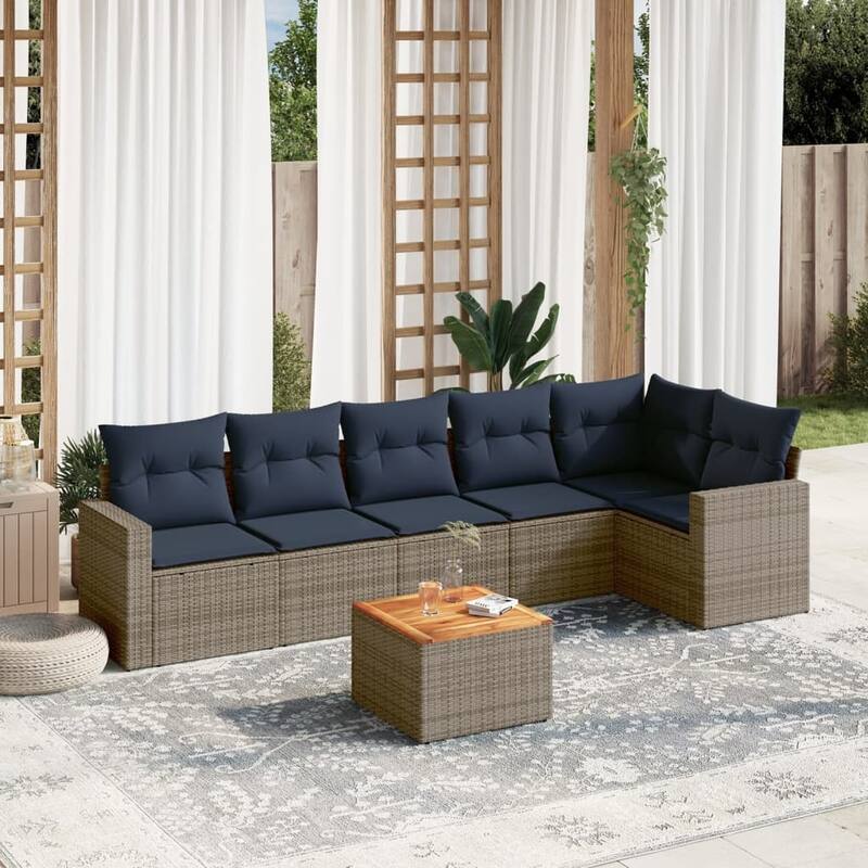 vidaXL Patio Sofa Set with Cushions Outdoor Furniture 7 Piece Poly Rattan - 25.8x 24.4x 27.2 - Grey-corner+Table+3x middle