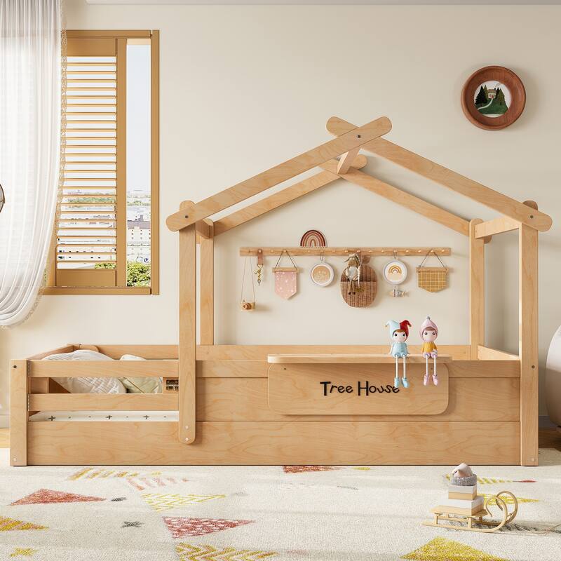 Twin Size Floor Bed with Guardrails and Roof, Kids House Floor Bed with a Small Built-in Tray and Free-installed Signboard