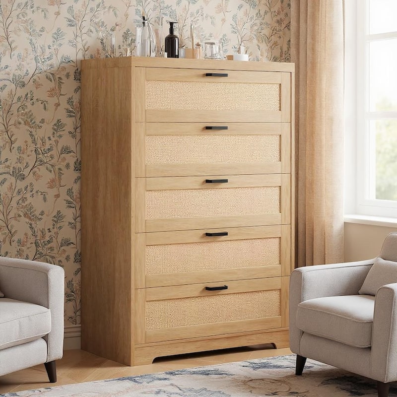 5 Drawers Tall Rattan Dresser, with Wide Top and Handles