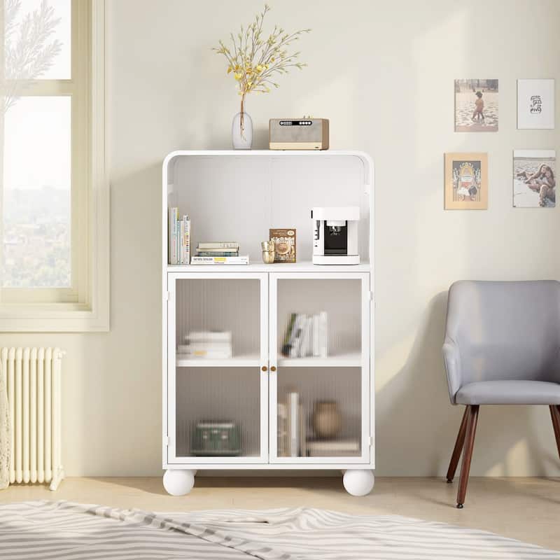 White Iron and Glass Modern Storage Cabinet with Shelves and Cupboard - 27.56” x 13.78” x 45.28”