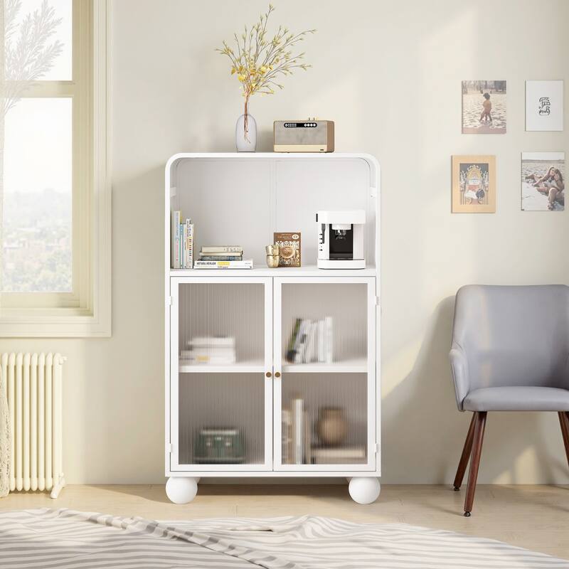 Anmytek White 45.28 Inch H Freestanding Bathroom Floor Storage Cabinet with Glass Door and Shelves