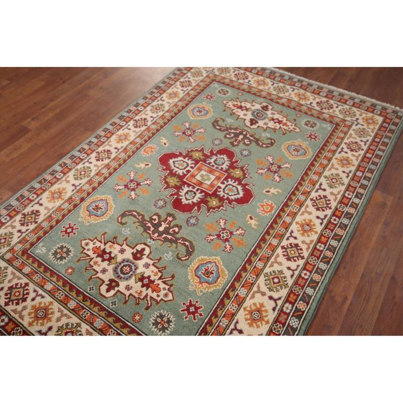 Hand Knotted Oriental 100% Wool Carpet Traditional Geometric Green Kazak Area Rug - 5' 10'' X 3' 11''