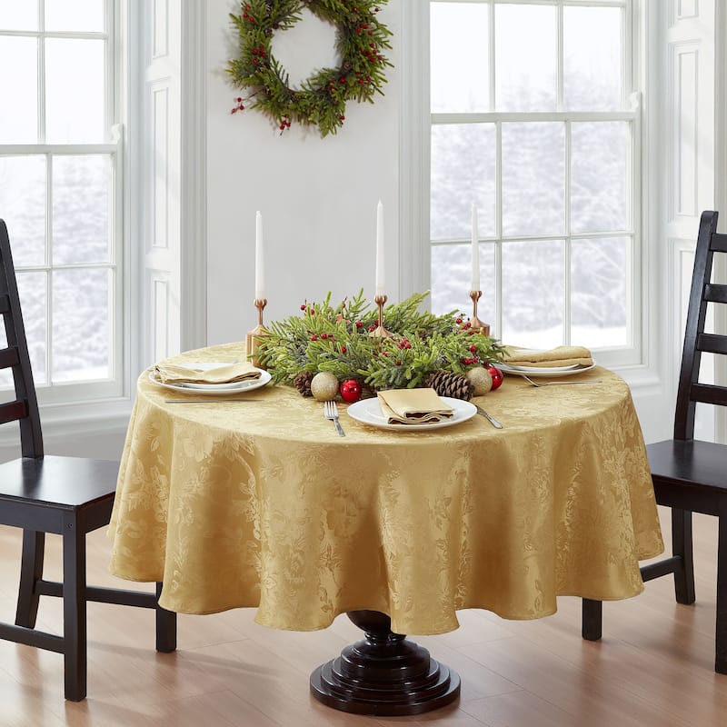 Porch & Den Prahl Jacquard Poinsettia Tablecloth - 90 Round - Gold