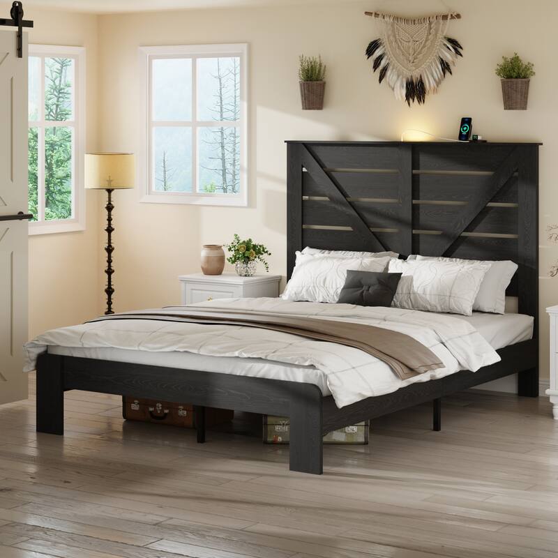 Wood Platform Bed Frame with Large Under Bed Storage